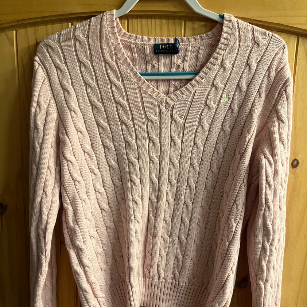 Ralph Lauren Light Pink V-Neck Cable Knit Sweater